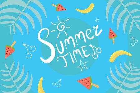 Hello Summer Blue Vector Background Illustration With Watermelon, Banana and Cherry.のイラスト素材