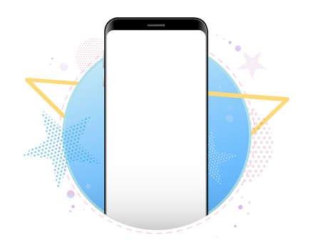 Mobile Phone Vector Mockup With Geometric Abstract Background. Frameless Black Smartphone Front View.のイラスト素材