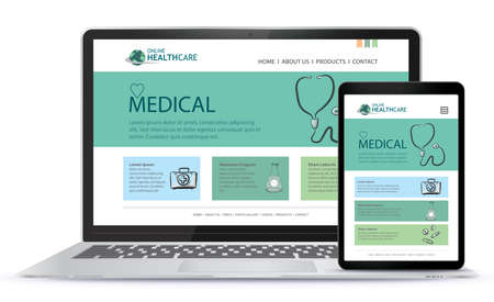 Healthcare and Medical User Interface Design for Web Site and Mobile App. Laptop and Tablet Computer Vector Illustration.のイラスト素材