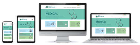 Healthcare and Medical User Interface Design for Web Site and Mobile App. Laptop, Desktop Computer Monitor, Tablet PC and Mobile Phone Vector Illustration.のイラスト素材
