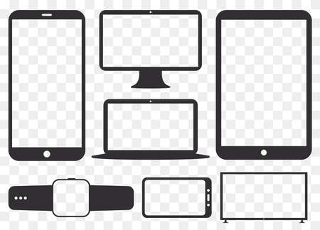 Mobile Phone, Tablet PC, Computer Monitor, Laptop Screen and Smart Watch Silhouette Vector Icon Set. Transparent and Flat Icons for Digital Devices.のイラスト素材