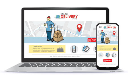 Online delivery service vector UI on Laptop Computer screen and Smart Phone. Responsive design template for online shopping app and mobile website.のイラスト素材