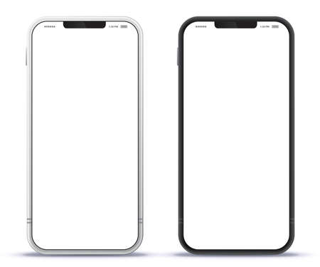 Mobile Phone Black and Silver Colored Design Concept. Vector Smartphone Mockup With Frameless White Screen. Isolated on Transparent Background.のイラスト素材