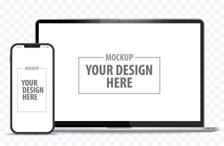 Laptop Computer and Mobile Phone Mockup. Digital devices screen template vector illustration with transparent background.のイラスト素材