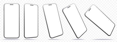 Black Mobile Phone Vector Mockup With Perspective Views. Smartphone Screens Isolated on Transparent Background.のイラスト素材