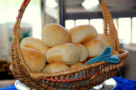 bread basket A basket of freshly made bread all ready to eatの写真素材