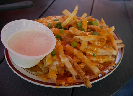 French fries with melted cheese topped with green onions, served with mayonnaise dipping