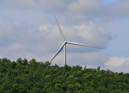 The top of an electrical powered windmill seen from the treetops of Arbuckle, Davis, Oklahoma