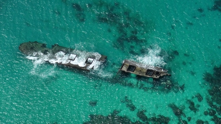 Aerial view of sunken vessel junkの写真素材
