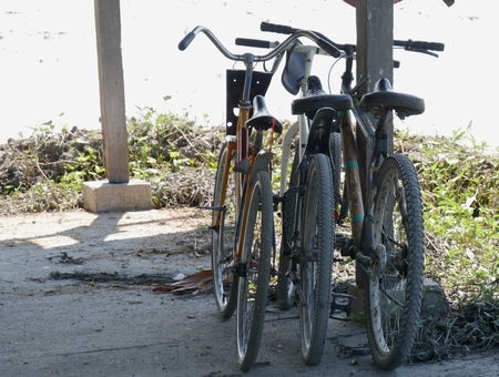 Three bicycles leaning against a wooden post in an outdoors structureの写真素材