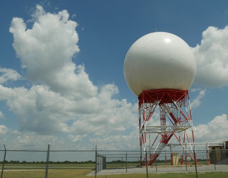 Big round Doppler radar tower at a small airport in northern Oklahoma