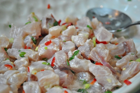 Fish kinilaw or raw fish cubes flavored with coconut vinegar and spices is a favorite dish in the Philippines.の写真素材