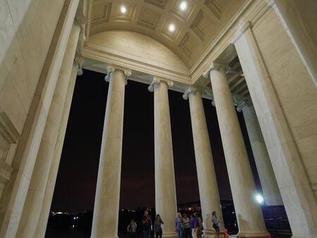 Washington, D.C. USA- September 2017: Night, upward shot of the giant pillars of the Jefferson Memorial in Washington, District of Columbia.のeditorial素材