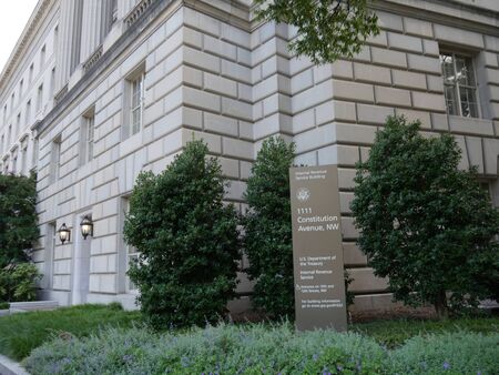 Washington, D.C. USA- September 2017: Close up side view of the Internal Revenue Service Building of the U.S. Department of Treasury in Washington, District of Columbia.のeditorial素材