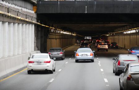 Boston, Massachusetts- September 2017: Driving through a tunnel approaching the South Station Bus Terminal in Boston.のeditorial素材