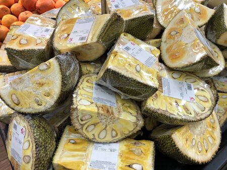 Las Vegas, Nevada- April 2017: Slices of jackfruit wapped and tagged for sale at a fresh produce...