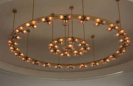 Circular chandelier with floral designs mounted on a ceiling 