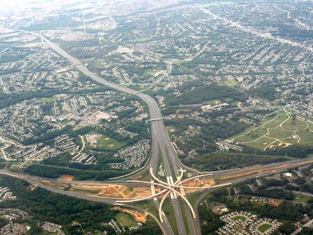 Aerial view of landscape and highways in Baltimore.