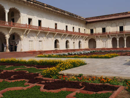 Agra, Uttar Pradesh, India- March 2018: Colorful landscaped gardens at the courtyard of Agra Fort.のeditorial素材