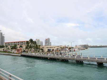 Miami, Florida- December 2018: Wide shot of Miami Bay with boats and yachts docked in the marina.のeditorial素材
