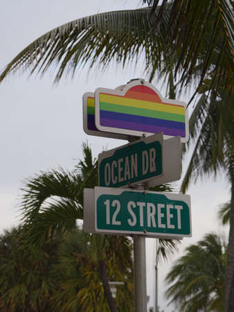 Miami, Florida- December 2018: Colorful street signs at Ocean Drive and 12 Street intersection in Miami.のeditorial素材