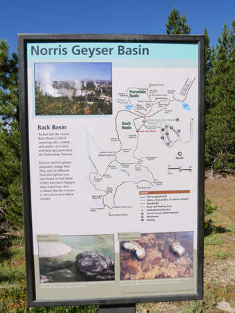 Wyoming, USA- July 2018: Informative sign at the Norris Geyser Basin, one of the top destinations at...