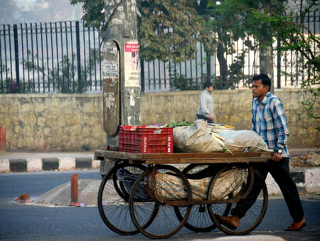 New Delhi, India- March 2018: A man pushes an improvised cart loaded with vegetables in New Delhi.のeditorial素材