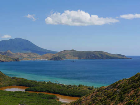 Scenic view at the Frigate Bay, St. Kitts, with Nevis in the background.の写真素材