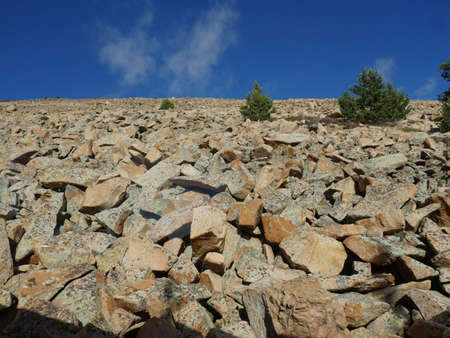 Piles of rocks with a few small trees growing up near the summit of Pikes Peak, Manitou Springs,...