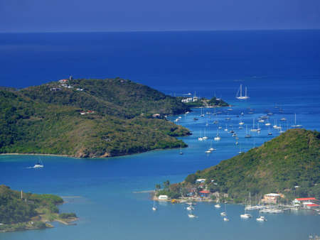 Beautiful islands with boats and yachts in the bay in St. Thomas, US Virgin Islands.