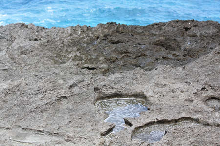 Sea water collected in a small hole in a stone coral by the seaの写真素材