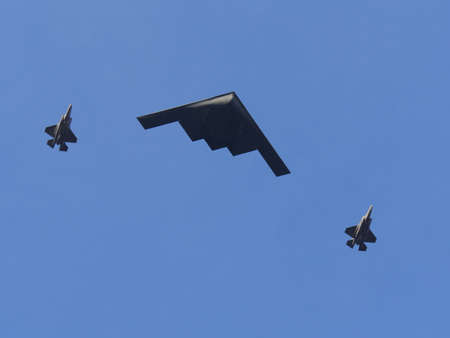 PASADENA, CALIFORNIA, USA - JANUARY 1, 2018: Medium close up of a U.S. Air Force B-2 Spirit, stealth...