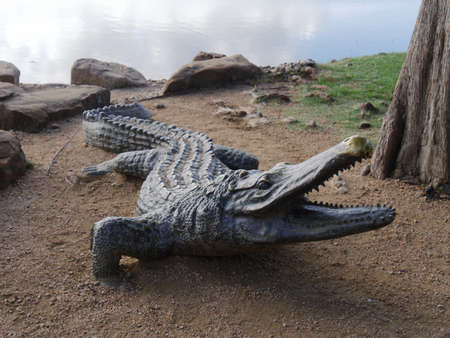 Full body view of a concrete crocodile at a public parkの写真素材