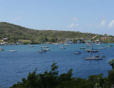 ISLA CULEBRA, PUERTO RICOâMARCH 2017:  Yachts and sailboats dotting the beautiful coastal view in a lagoon in Isla de Culebra, Puerto Rico, Caribbean Islands.のeditorial素材