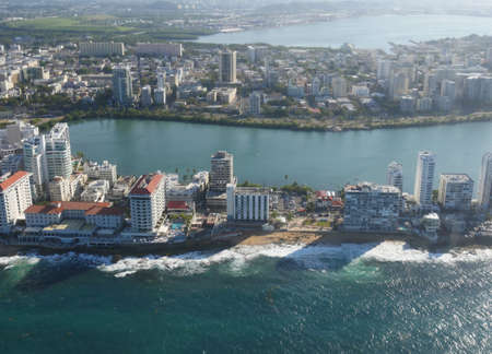 PUERTO RICOâMARCH 2017: Aerial shot of San Juan Puerto Rico cityscape and coastal viewのeditorial素材