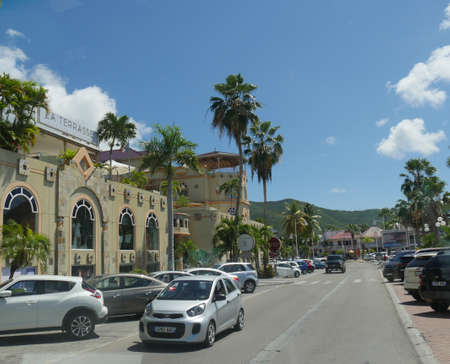 ST. MARTIN, FRENCH CARIBBEANâMARCH 2017: One of the busy streets of the Dutch side of St. Martin, Caribbean Islands.のeditorial素材