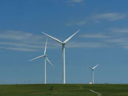 Windmills for electric power production, northern Oklahoma.の写真素材