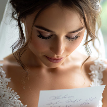 Close-up of the bride reading her vows before the wedding ceremony.の素材