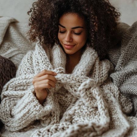 Woman wrapped in an oversized sweater enjoying time for herselfの素材