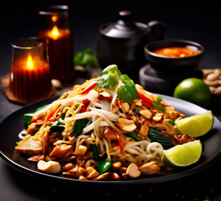 Chicken Pad Thaiâstir-fried noodles with chicken, peanuts, and a tangy tamarind sauce.の素材
