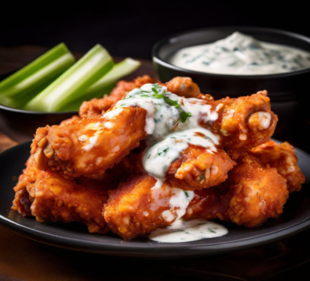 Crispy Spicy Buffalo Chicken Wingsâcoated in a fiery hot sauceの素材