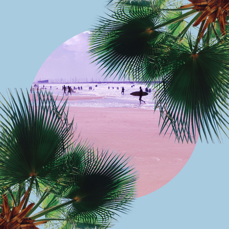Unidentified Boy walking with Surf Board on the beach. Art collage with palm leavesの写真素材