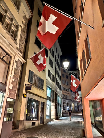 The old town of Zurich city in Switzerland at night.のeditorial素材