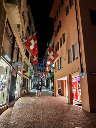 The old town of Zurich city in Switzerland at night.のeditorial素材