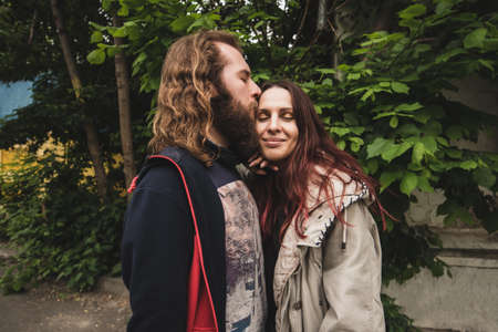 Happy young man and woman have romantic date outdoor