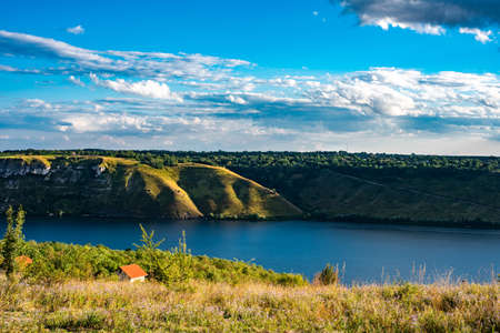Landscape of river with Rocky Mountains. Summer Travel viewの写真素材