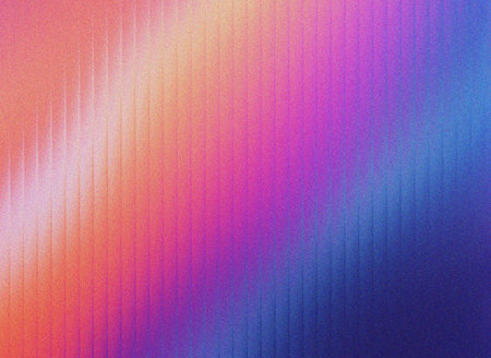 Warm orange and pink tones transition into cool blue shades. Vertical line patterns and grainy noise overlay create a unique fractal glass appearance. Energetic and vibrant visual composition.