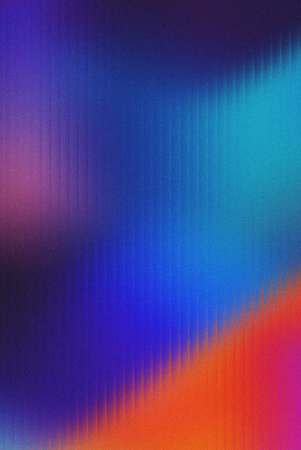 Abstract composition featuring warm orange and cool blue light through ribbed glass. Fractal patterns and heavy film grain texture. Linear vertical lines across colorful glowing backdrop.