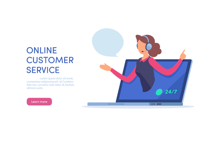 Online customer service. Call center support. Cartoon miniature  illustration vector graphic on white background.  Web bannerのイラスト素材