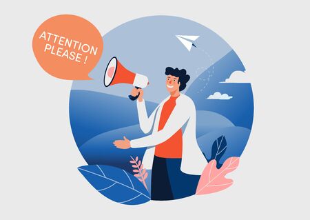 The man and megaphone with attention please word. People vector illustration. Flat cartoon character graphic design. Landing page template,banner,flyer,poster,web pageのイラスト素材